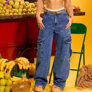 calça wide leg jeans cargo