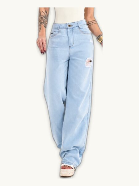 Calça Wide Leg Jeans Claro Destroyed — a peça